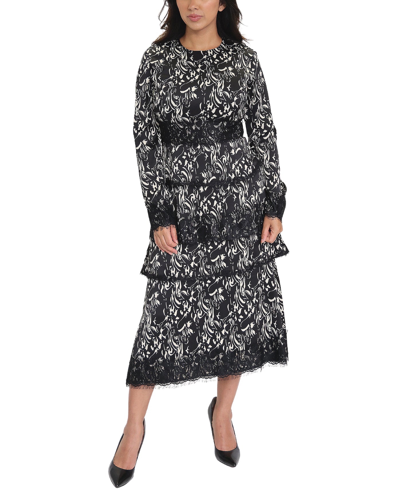 Print Maxi Dress w/ Tiered Lace Trim image 1