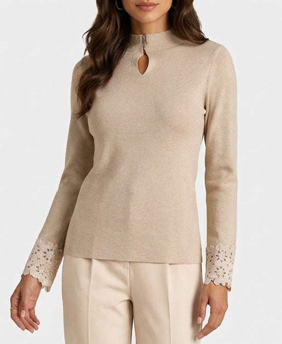 
Knit Top w/ Lace Sleeve Detail in BEIGE view 1