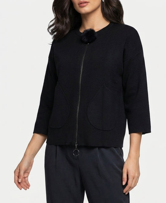 
Sweater Jacket w/ Fur Pom in BLACK view 1