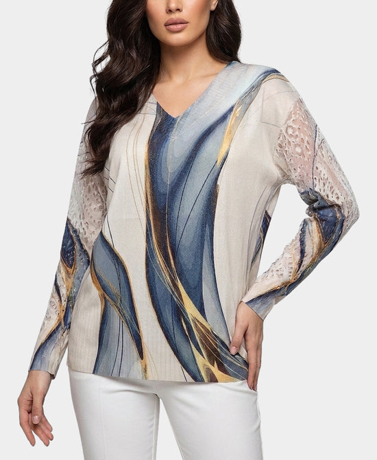 
Printed Sweater w/ Crochet Sleeves in IVORY MULTI view 1