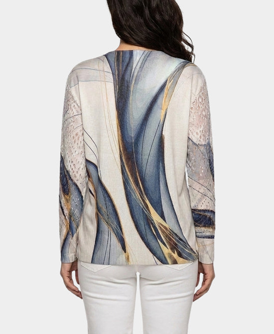 
Printed Sweater w/ Crochet Sleeves in IVORY MULTI view 2