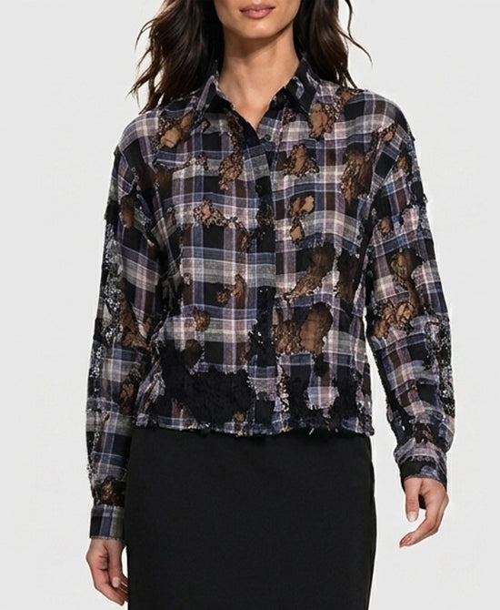 
Plaid Burnout Blouse w/ Lace in BLACK MULTI view 1