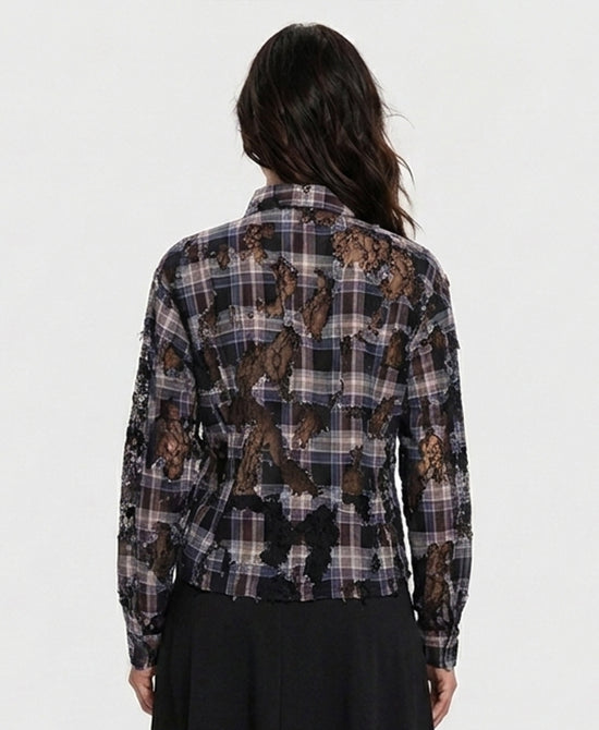 
Plaid Burnout Blouse w/ Lace in BLACK MULTI view 2