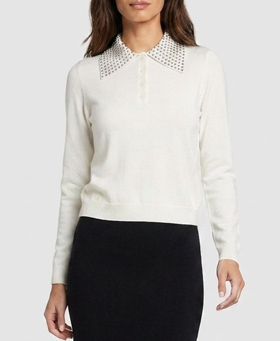 
Polo Knit Top w/ Studded Collar in WHITE view 1