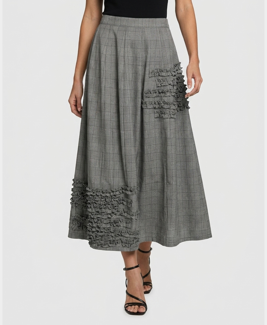 
Plaid Maxi Skirt w/ Ruffles in BLACK/WHITE view 1