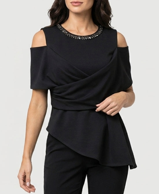 
Asymmetrical Cold Shoulder Blouse w/ Jewels in BLACK view 1