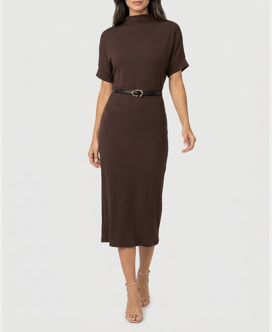 
Knit Ribbed Midi Dress in BROWN view 1