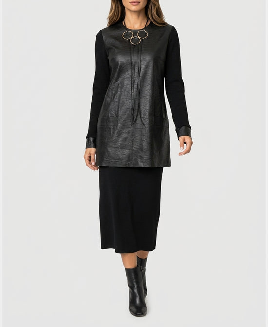
Faux Leather & Knit Midi Dress in BLACK view 1