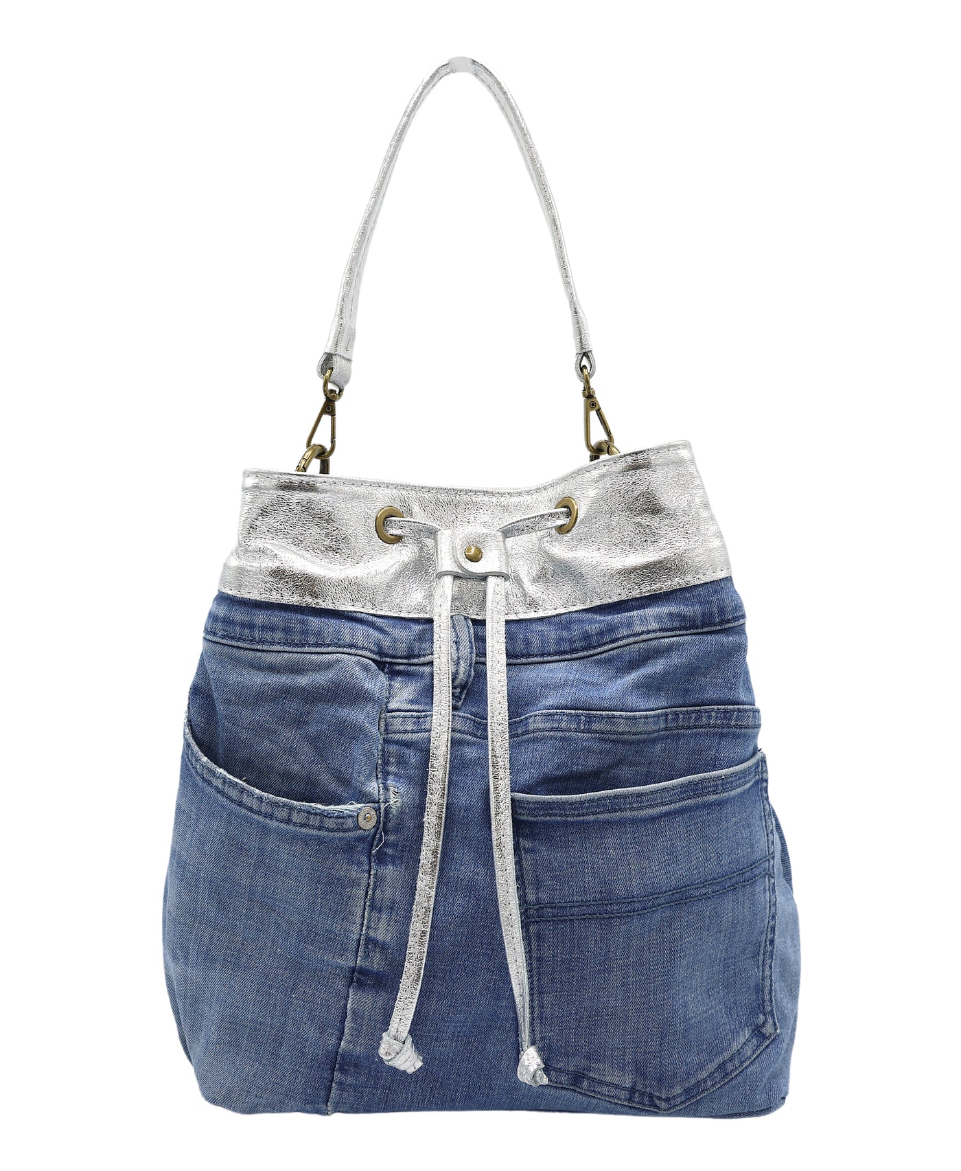 Denim Bucket Bag w/ Metallic Leather Trim view 1