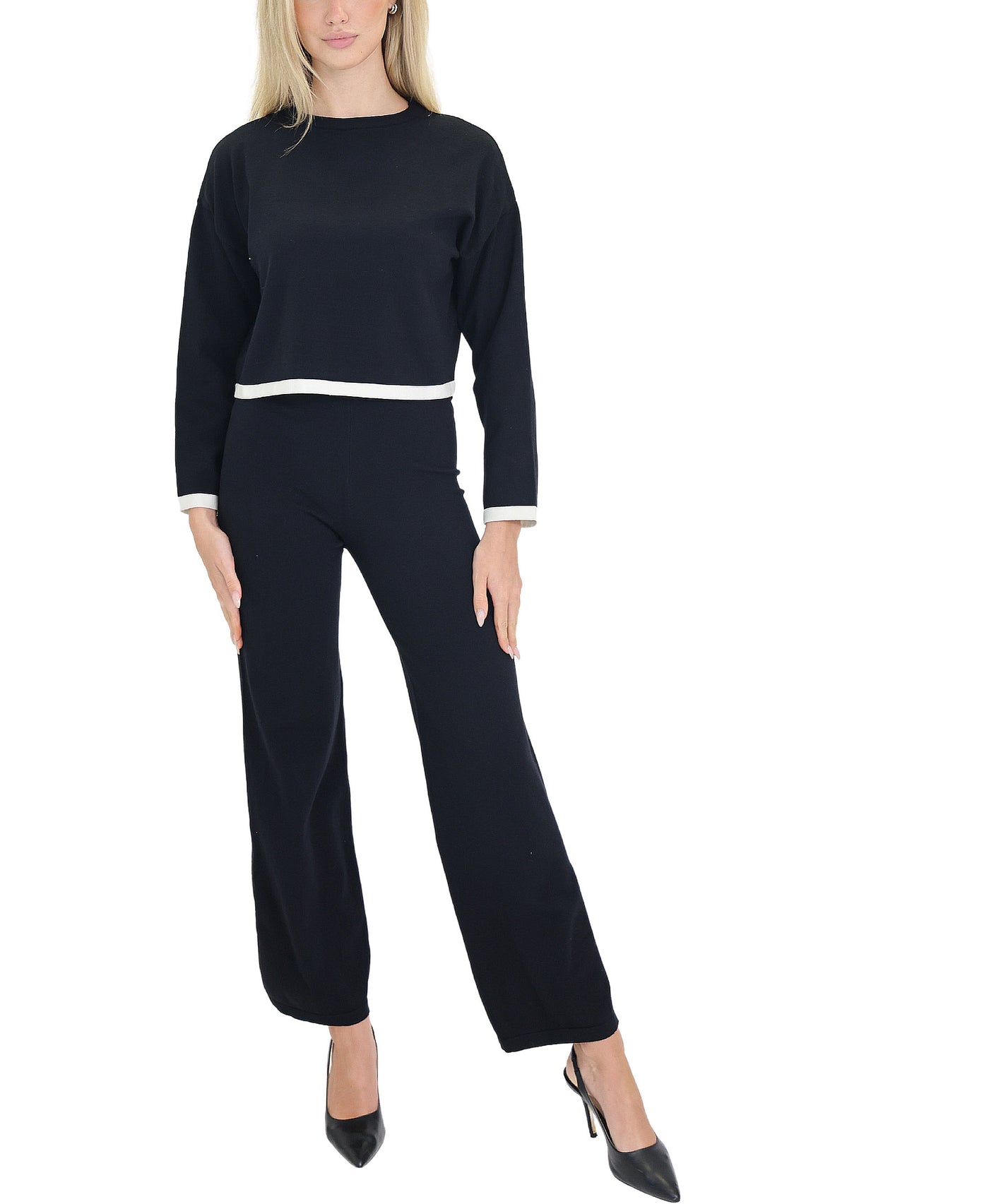 Contrast Knit Top & Pants Set- 2 Pc Set view 1