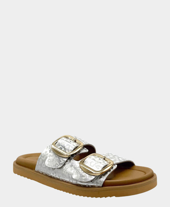 
Leather Leopard Print Buckle Sandal in SILVER view 1