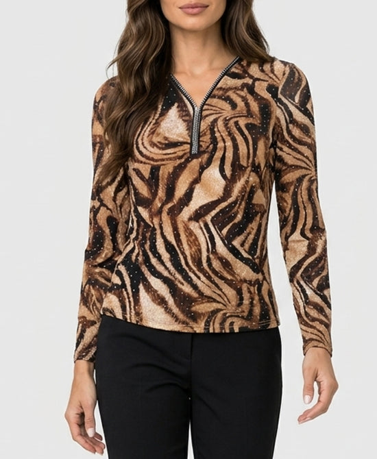 
Printed Top w/ Zipper & Crystals in BROWN MULTI view 1