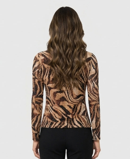 
Printed Top w/ Zipper & Crystals in BROWN MULTI view 2