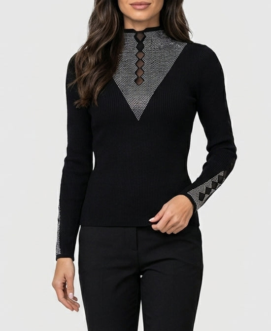 
Knit Ribbed Top w/ Crystals in BLACK view 1
