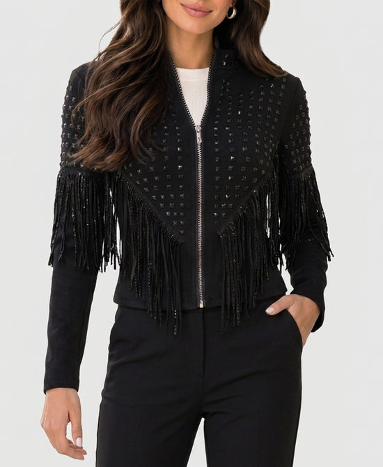 
Jacket w/ Crystals, Studs & Fringe in BLACK view 1