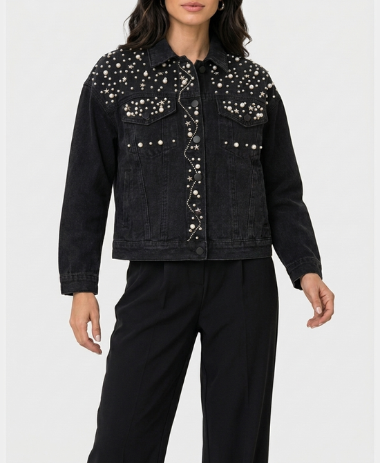 
Denim Jacket w/ Pearl & Crystal Detail in BLACK view 1