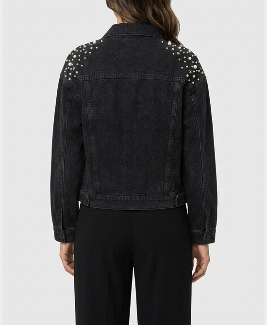 
Denim Jacket w/ Pearl & Crystal Detail in BLACK view 2