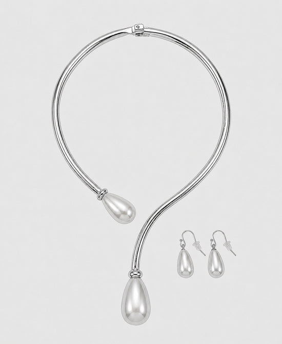 
Collar Statement Necklace & Earrings Set w/ Pearls in SILVER view 2