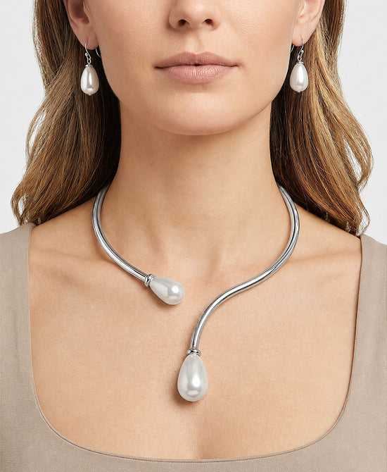 
Collar Statement Necklace & Earrings Set w/ Pearls in SILVER view 1