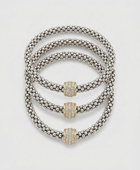 
Set Of 3 Mesh Elastic Bracelets w/ Crystals in SILVER view 2