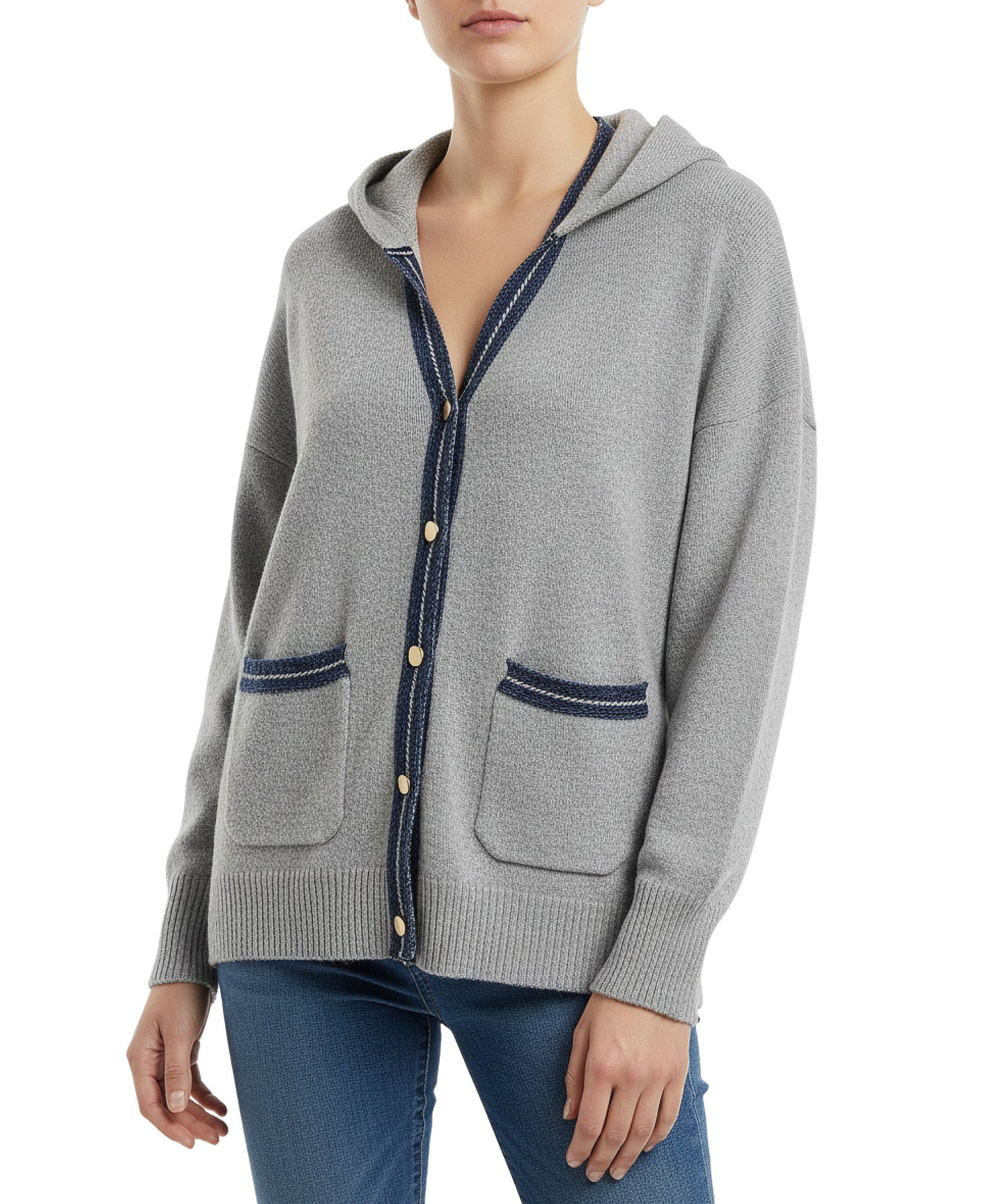 Hoodie Cardigan Sweater w/ Denim view 1