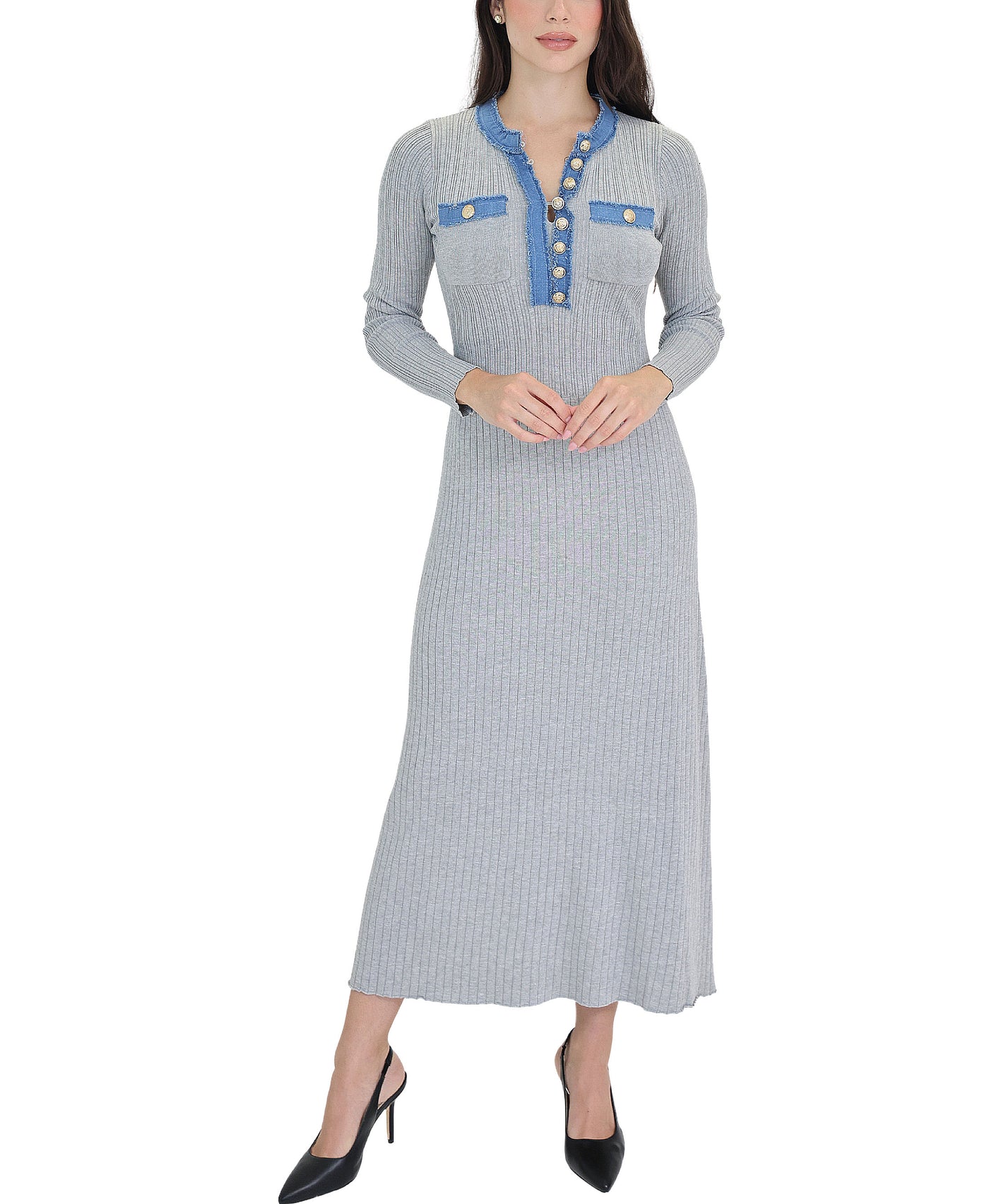 Knit Maxi Dress w/ Denim Trim view 1