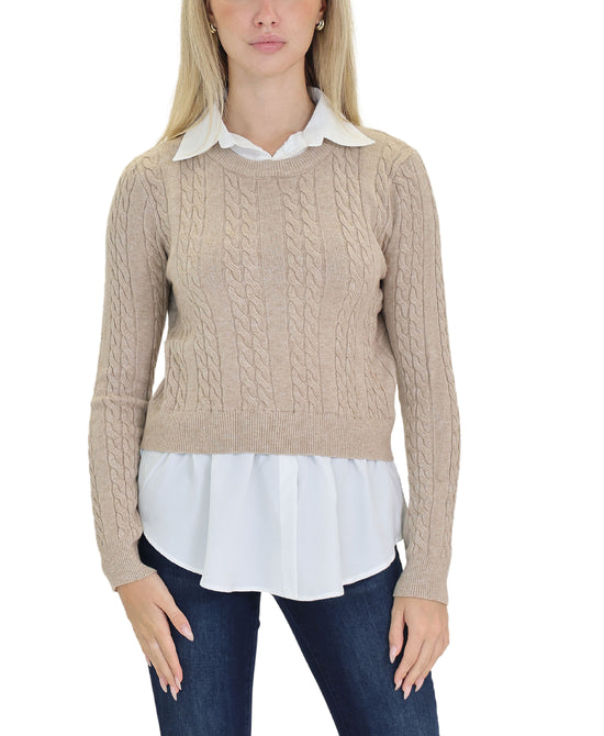 Cable Knit Sweater w/ Attached Shirting Trim view 