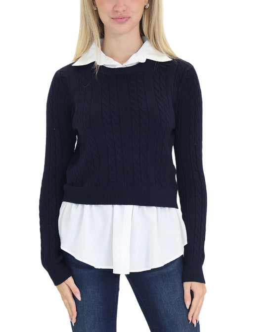 Cable Knit Sweater w/ Attached Shirting Trim view 