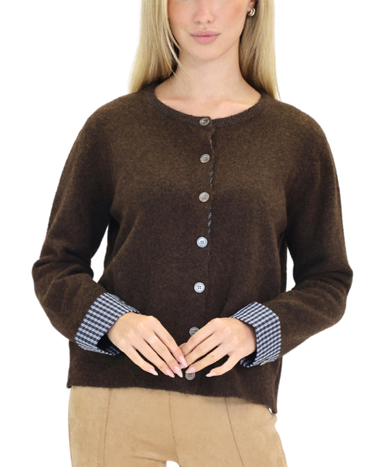 Cardigan Sweater w/ Plaid Shirting Trim view 