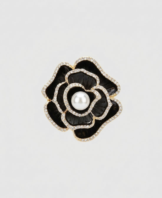 
Rose Brooch w/ Crystals & Faux Pearl in BLACK view 1