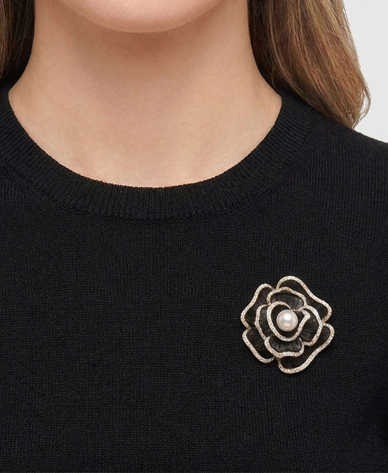 
Rose Brooch w/ Crystals & Faux Pearl in BLACK view 2