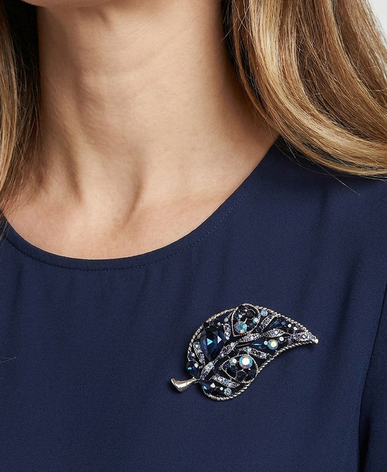 
Crystal Leaf Brooch in BLUE/SILVER view 1