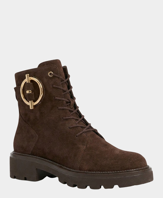 
Suede Gold Buckle Lace Up Bootie in BROWN view 1