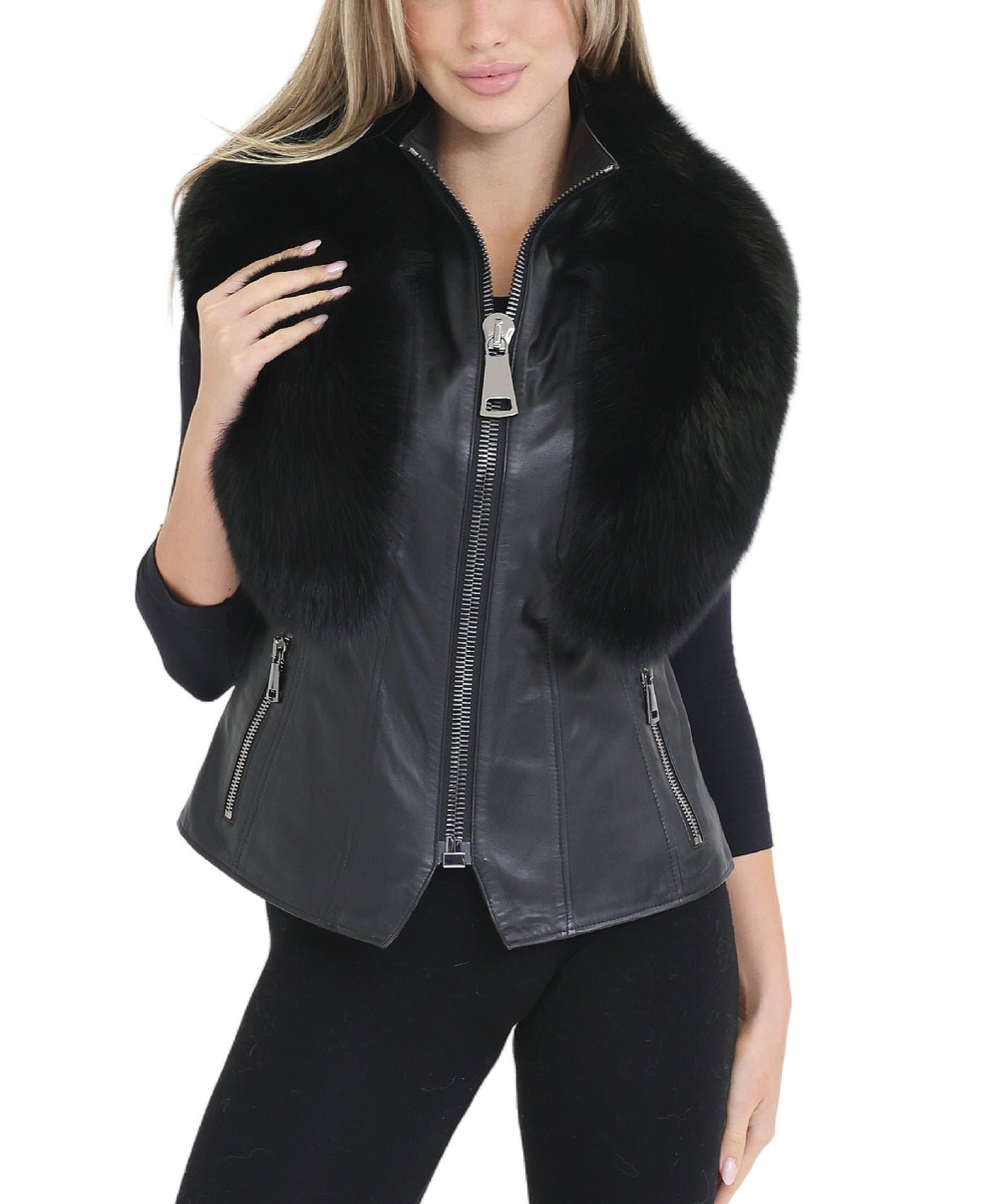 Leather Vest w/ Fox Fur Trim view 1