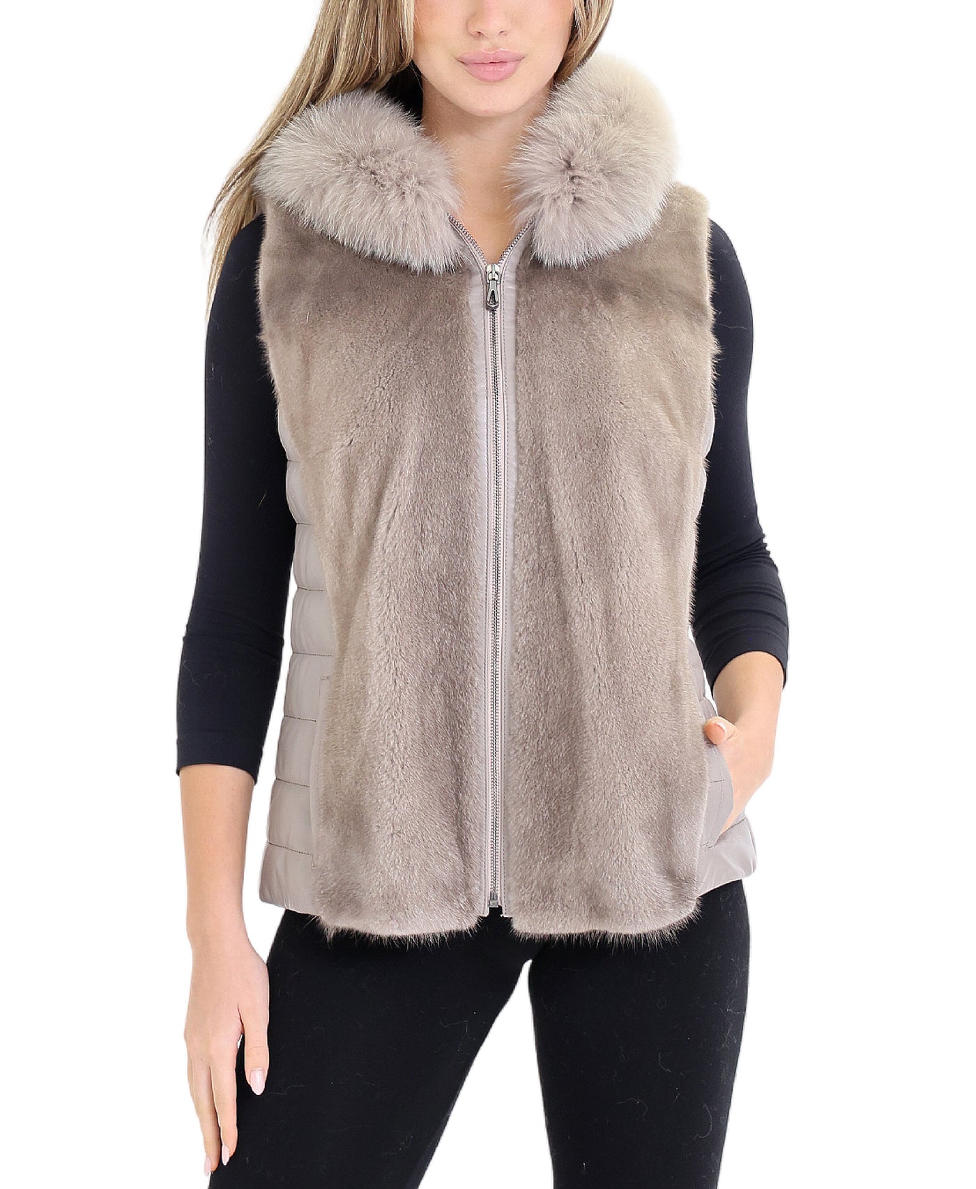 Mink & Leather Vest w/ Fox Trim Hood view 1