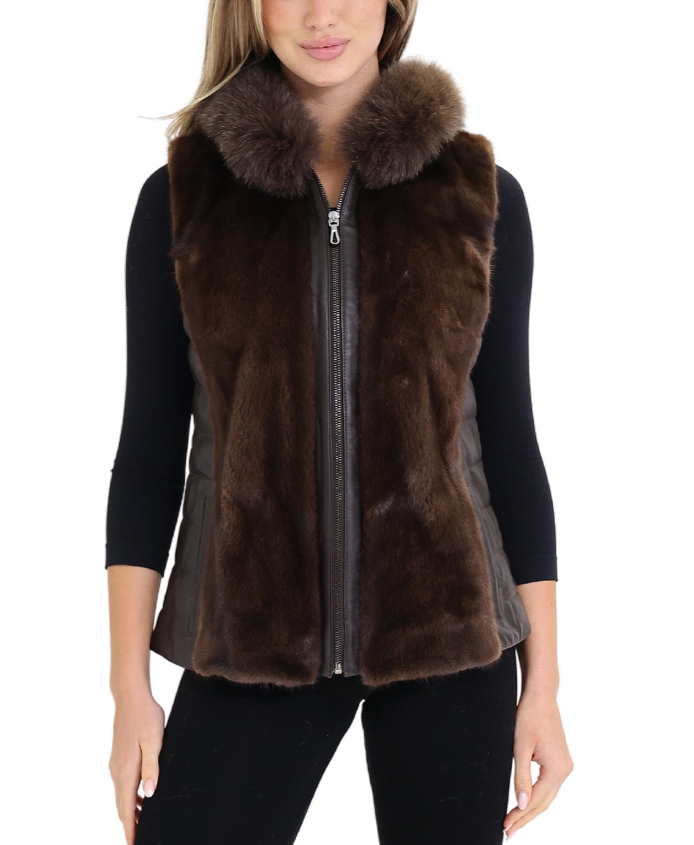 Leather Vest w/ Mink Fur & Hood view 1