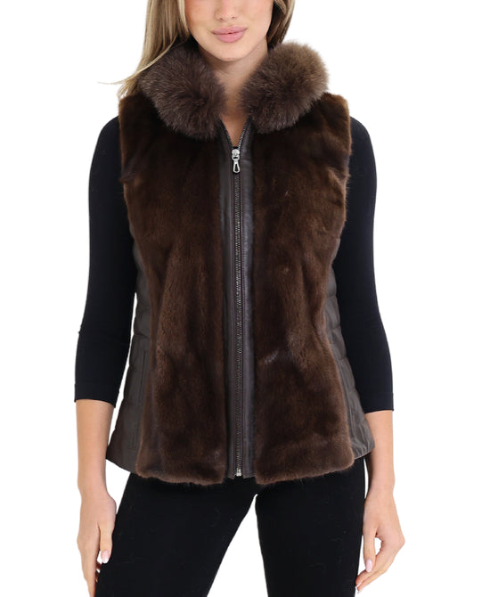 Leather Vest w/ Mink Fur & Hood view 