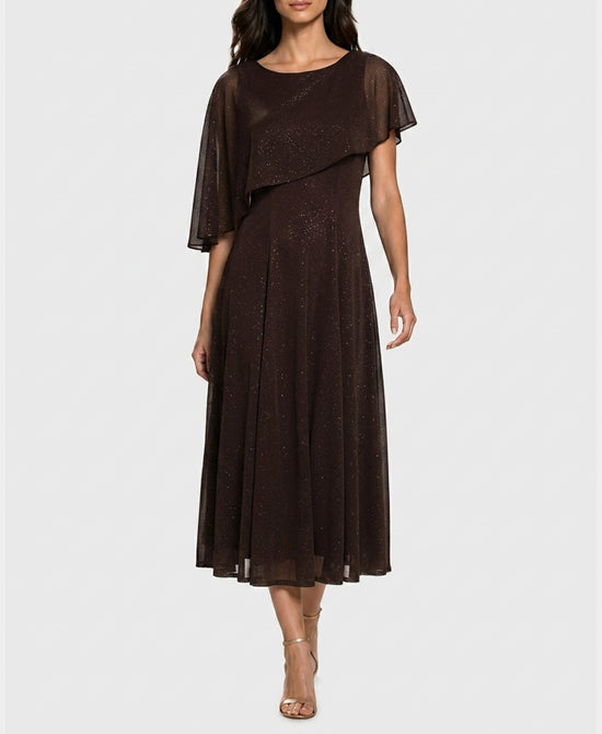 
Asymmetrical Shoulder Shimmer Midi Dress in BROWN view 1