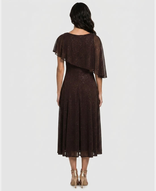 
Asymmetrical Shoulder Shimmer Midi Dress in BROWN view 2