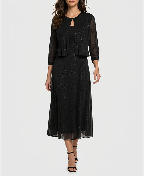 
Shimmer Midi Dress w/ Sheer Cardigan - 2 Pc Set in BLACK view 1