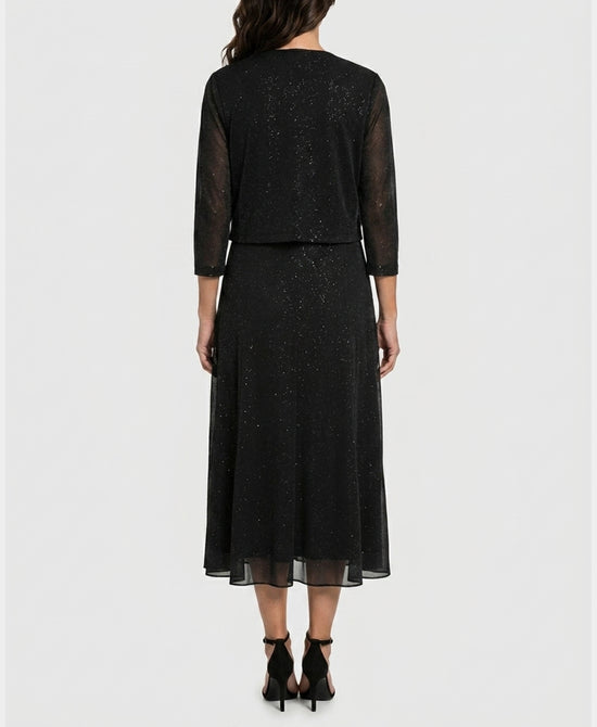 
Shimmer Midi Dress w/ Sheer Cardigan - 2 Pc Set in BLACK view 2