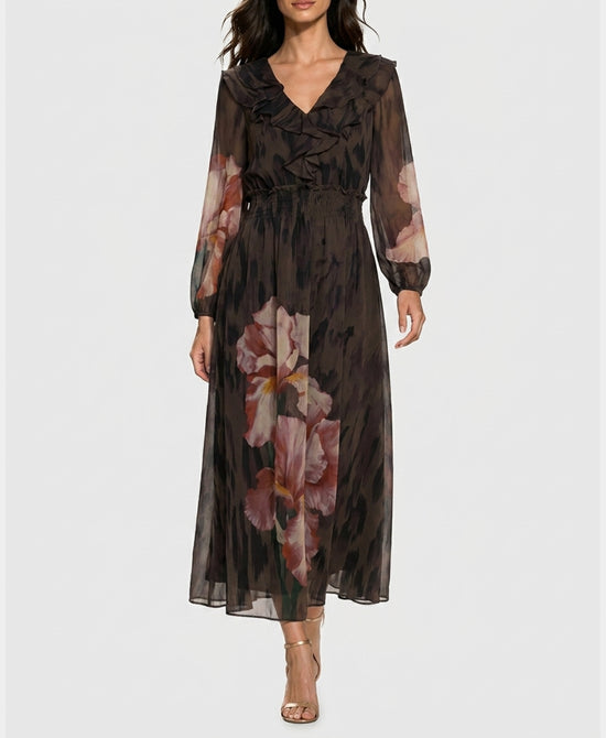 
Printed Maxi Dress w/ Ruffle Trim in OLIVE MULTI view 1