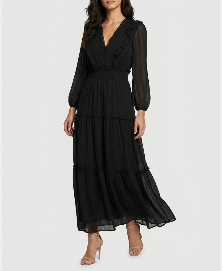 ruffle trim maxi dress w/ 12 / Black Fabric Type: CHIFFON A design that’s sure Designer dress shirts for Adornment:Super Crystals