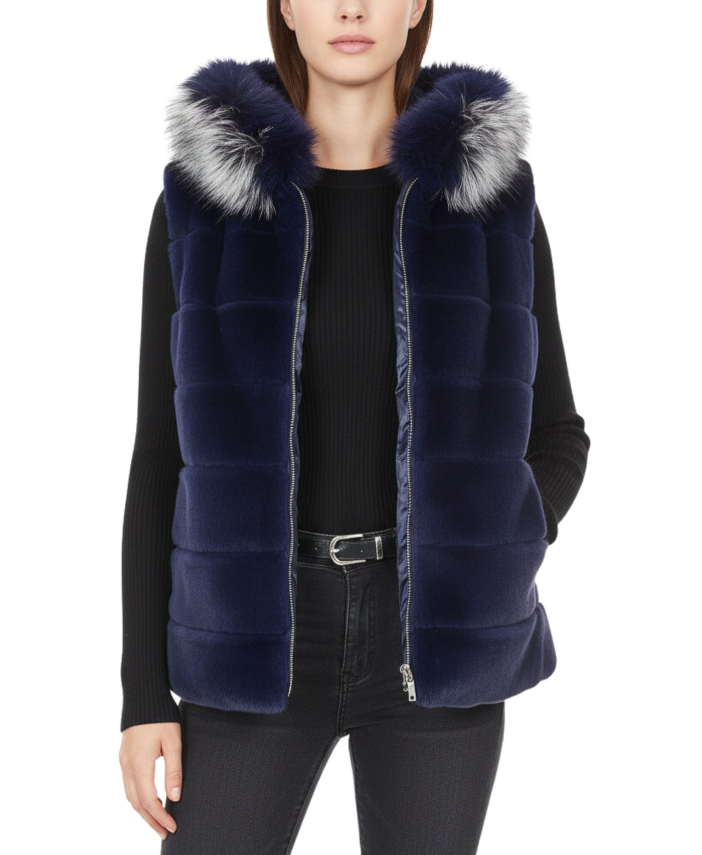 Fur & Puffer Vest w/ Fox Fur Trim Hood view 1