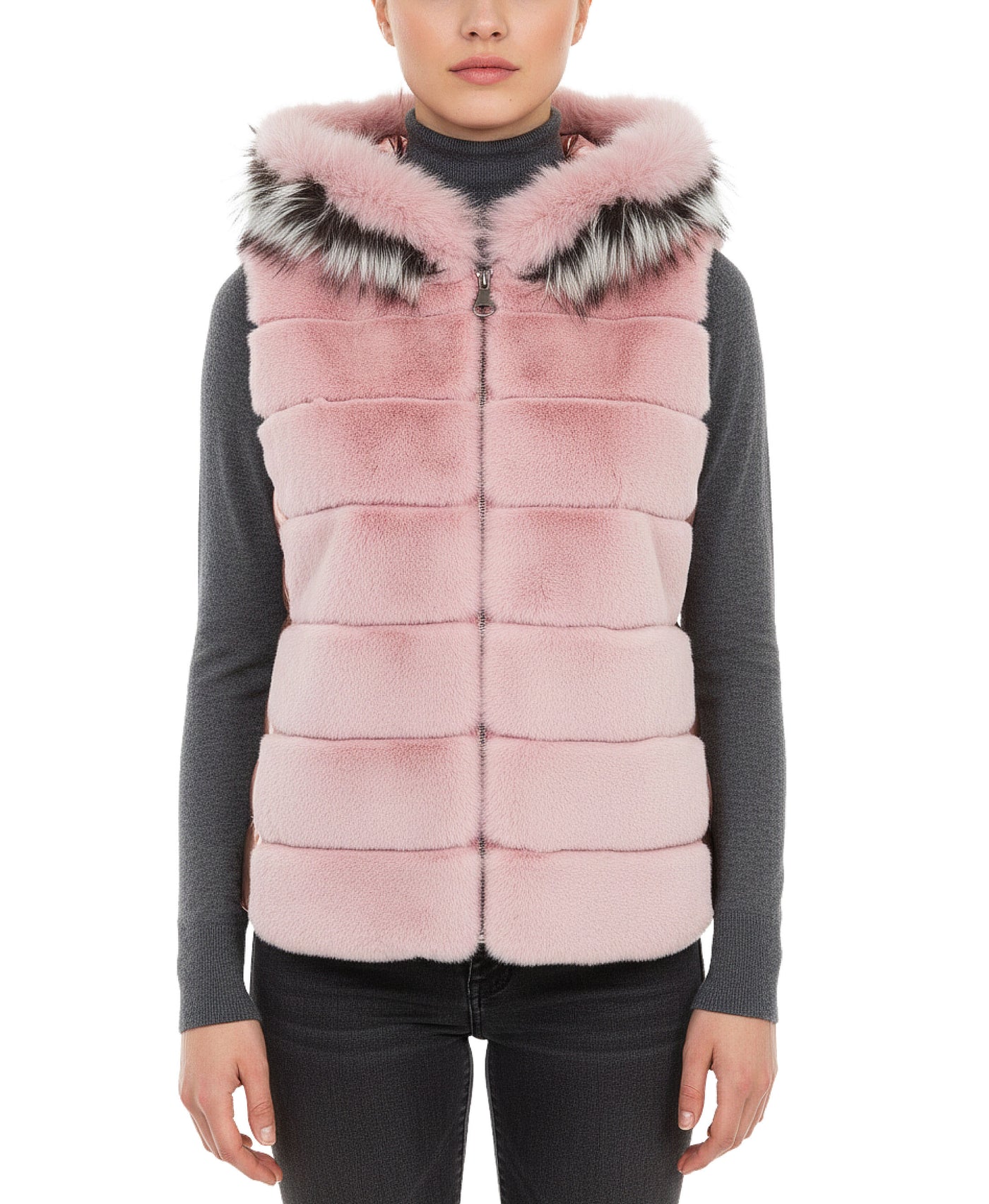 Fur & Puffer Vest w/ Fox Fur Trim Hood view 1