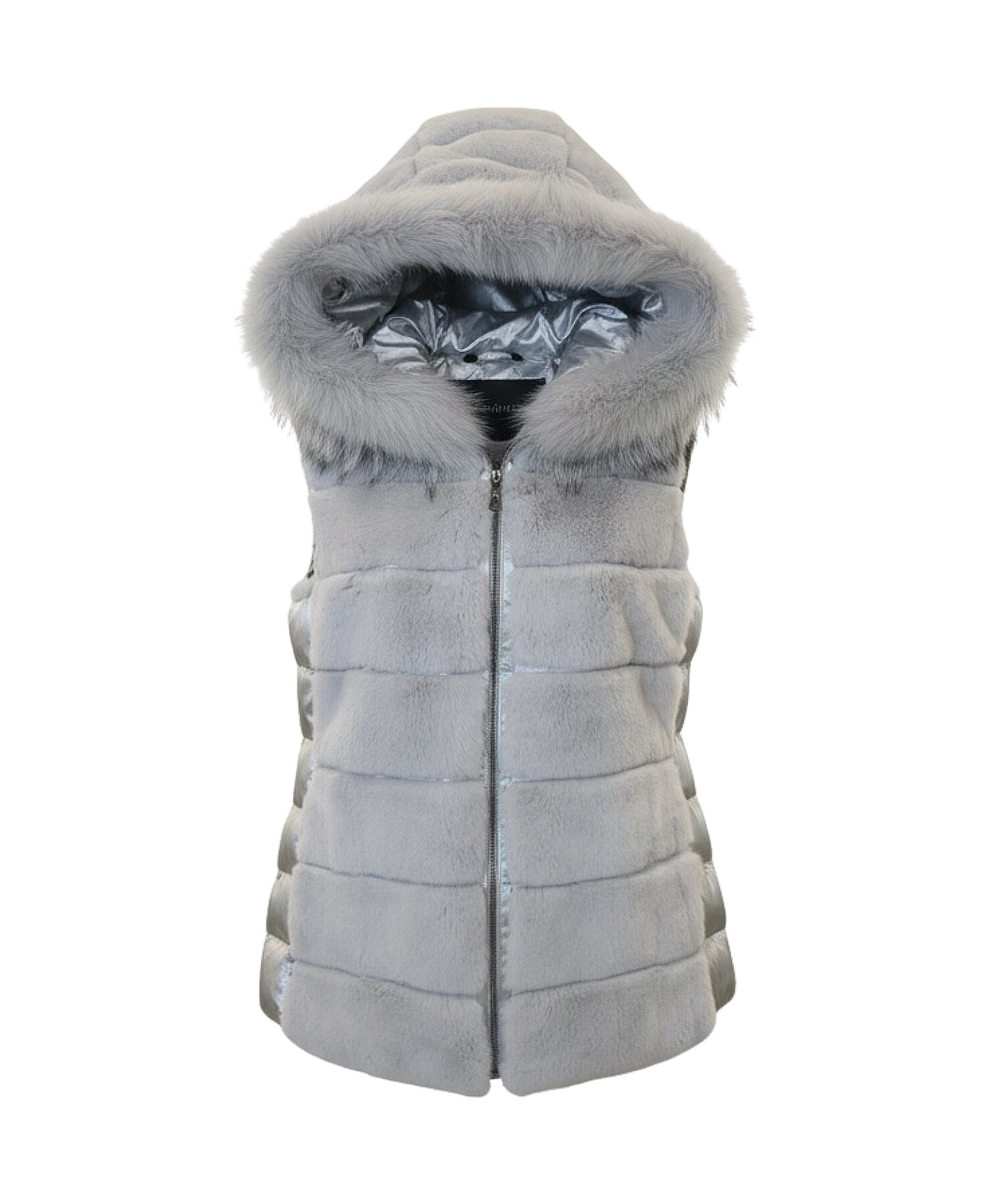 Fur & Puffer Vest w/ Fox Fur Trim Hood view 2