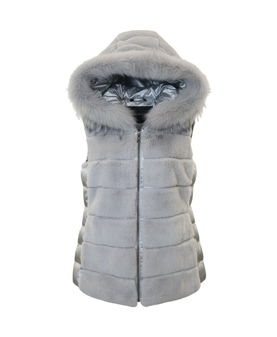 Fur & Puffer Vest w/ Fox Fur Trim Hood view 