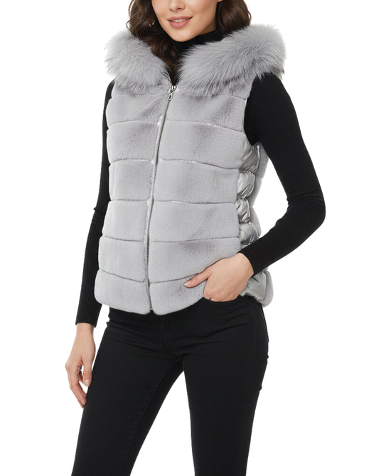 Fur & Puffer Vest w/ Fox Fur Trim Hood view 