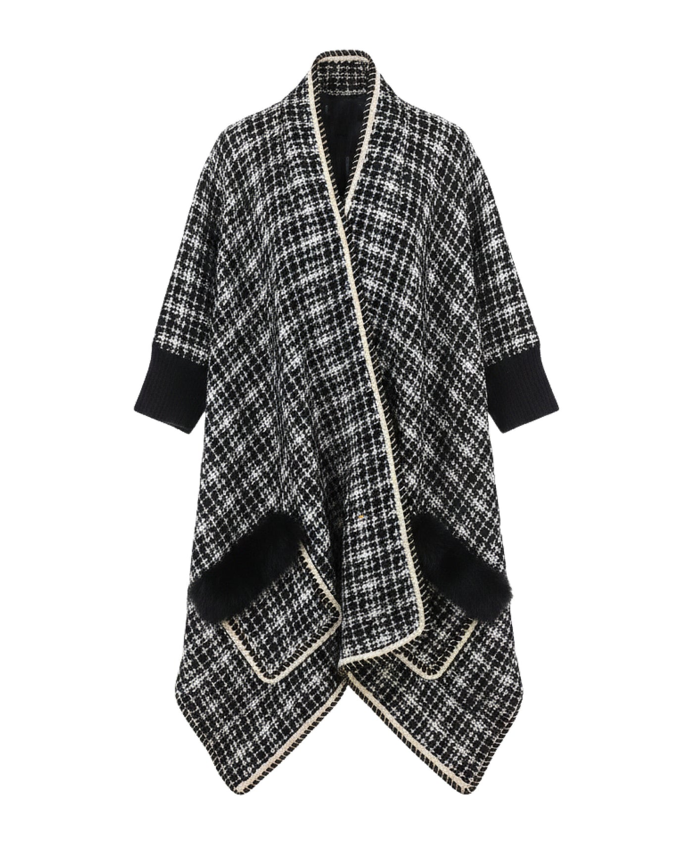 Plaid Wrap w/ Shimmer Detail & Fox Fur Trim Pockets view 1