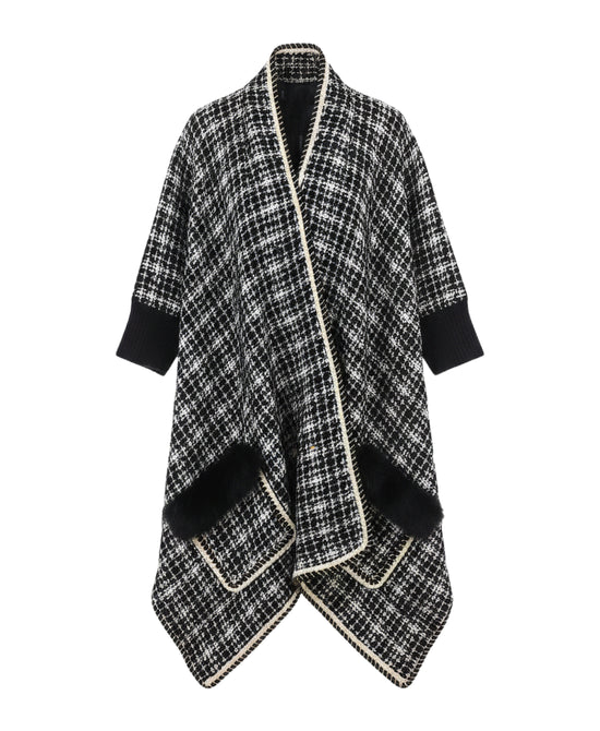 Plaid Wrap w/ Shimmer Detail & Fox Fur Trim Pockets view 